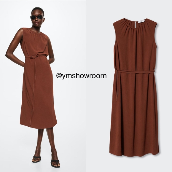 MANGO Belted textured midi dress - Picture 1 of 3